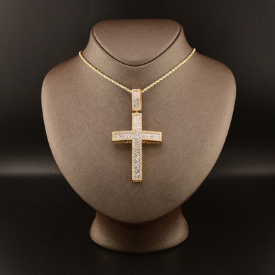 10k Yellow Gold 4.3CTW Round/Baguette Diamond Zig Zag Cross Pendant 18.2g Charm - Elite Jewelers - Charms & Pendants