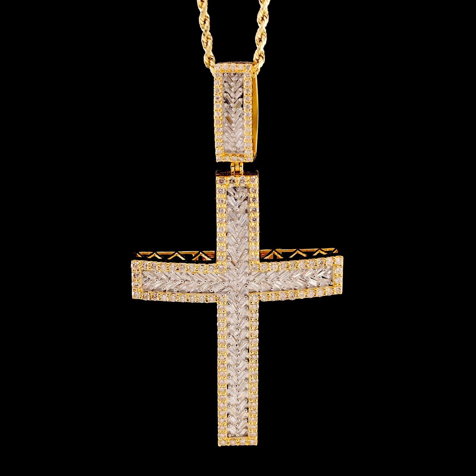 10k Yellow Gold 4.3CTW Round/Baguette Diamond Zig Zag Cross Pendant 18.2g Charm - Elite Jewelers - Charms & Pendants