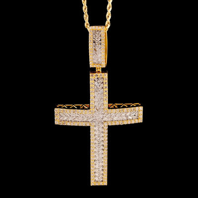10k Yellow Gold 4.3CTW Round/Baguette Diamond Zig Zag Cross Pendant 18.2g Charm - Elite Jewelers - Charms & Pendants