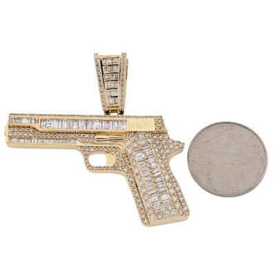 10k Yellow Gold 4.5CTW Natural Round/Baguette 12.3g Diamond Hand Gun Pendant - Elite Jewelers - Charms & Pendants