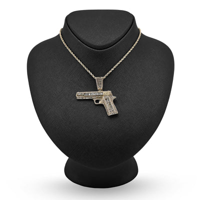 10k Yellow Gold 4.5CTW Natural Round/Baguette 12.3g Diamond Hand Gun Pendant - Elite Jewelers - Charms & Pendants
