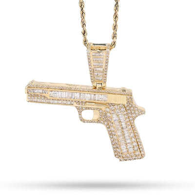 10k Yellow Gold 4.5CTW Natural Round/Baguette 12.3g Diamond Hand Gun Pendant - Elite Jewelers - Charms & Pendants