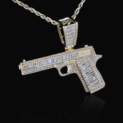 10k Yellow Gold 4.5CTW Natural Round/Baguette 12.3g Diamond Hand Gun Pendant - Elite Jewelers - Charms & Pendants