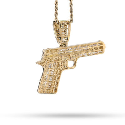 10k Yellow Gold 4.5CTW Natural Round/Baguette 12.3g Diamond Hand Gun Pendant - Elite Jewelers - Charms & Pendants