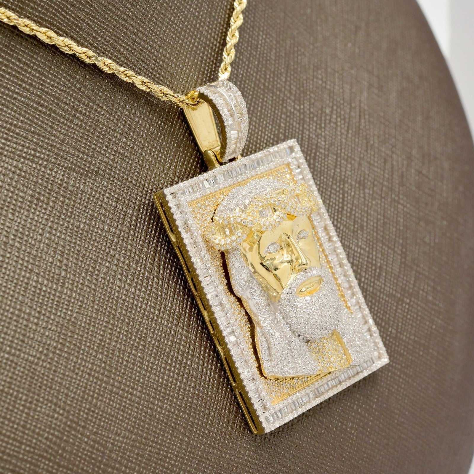 10k Yellow Gold 4.5CTW Round & Baguette Diamond Jesus Head on Frame Pendant 23gm - Elite Jewelers - Charms & Pendants