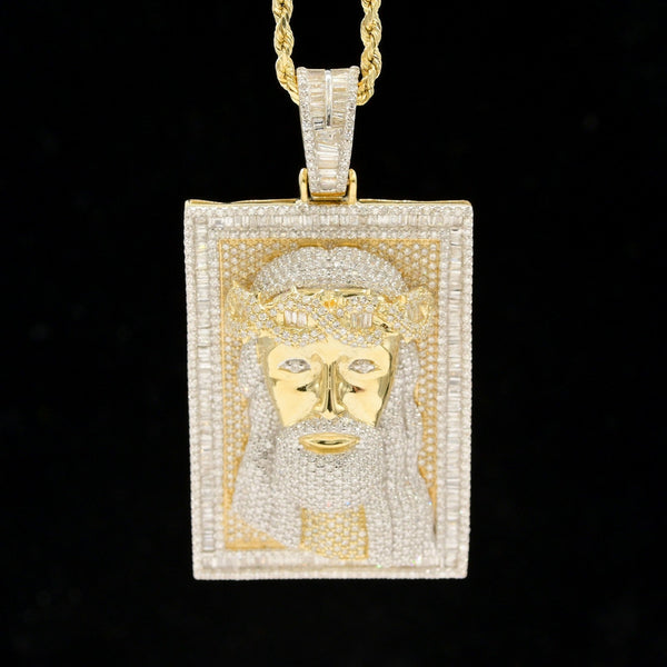 10k Yellow Gold 4.5CTW Round & Baguette Diamond Jesus Head on Frame Pendant 23gm - Elite Jewelers - Charms & Pendants