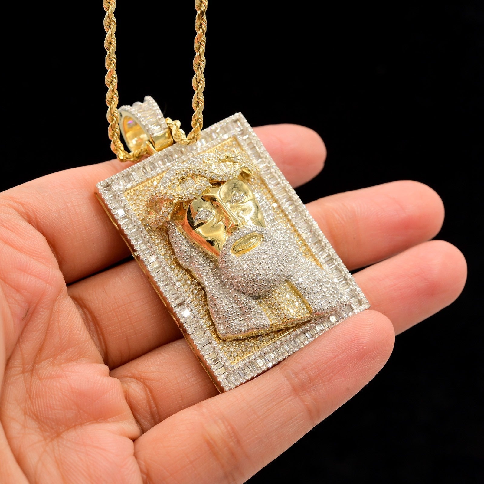 10k Yellow Gold 4.5CTW Round & Baguette Diamond Jesus Head on Frame Pendant 23gm - Elite Jewelers - Charms & Pendants