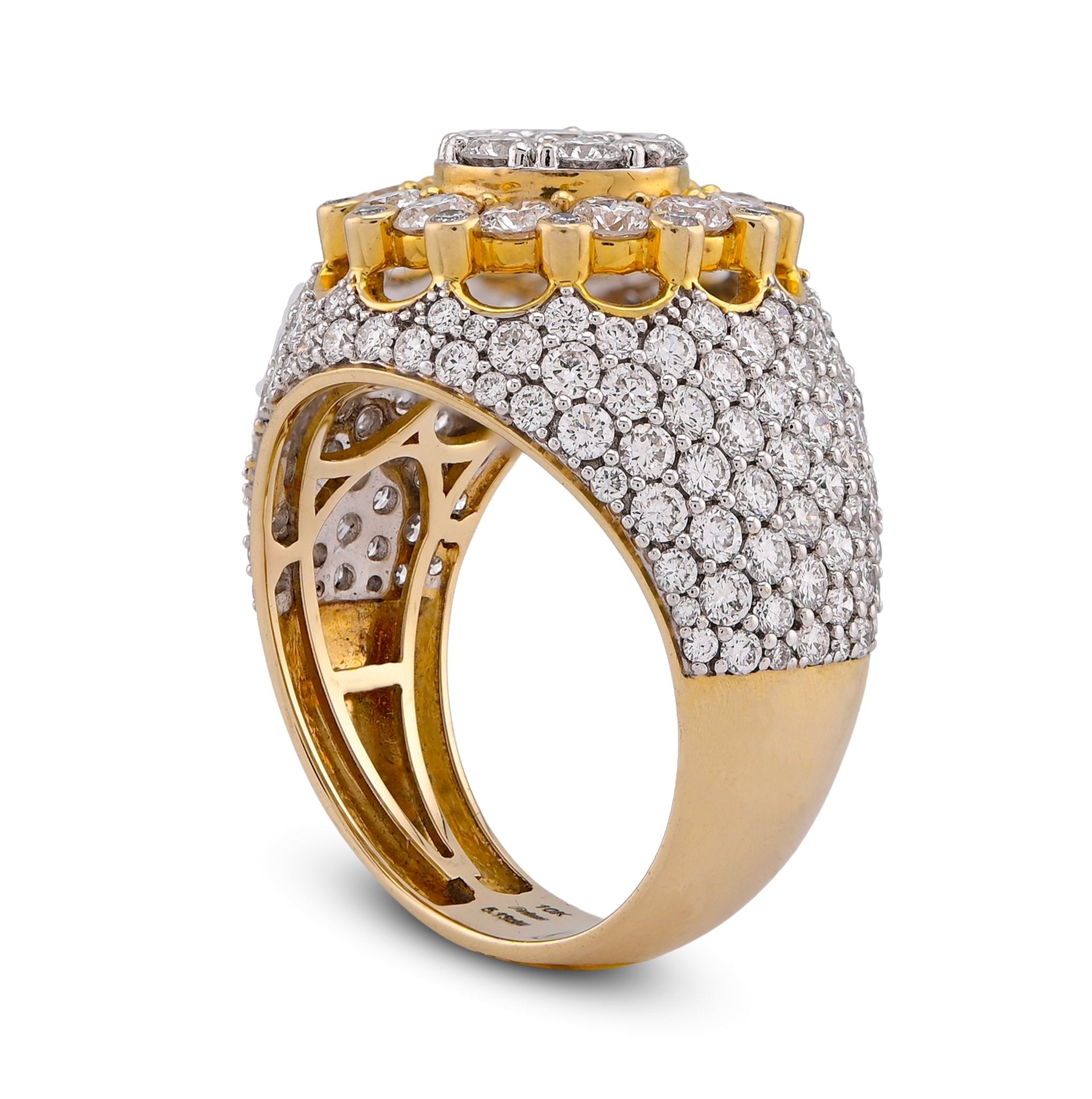10K Yellow Gold 4CT FLower Cluster Centre Halo Side Iced Lab Diamond Men Pinky Ring - Elite Jewelers-Rings