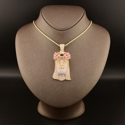 10k Yellow Gold 5.5CTW Pure Diamond Jesus Head w/ Gem Stones Pendant 33.4g Charm - Elite Jewelers - Charms & Pendants