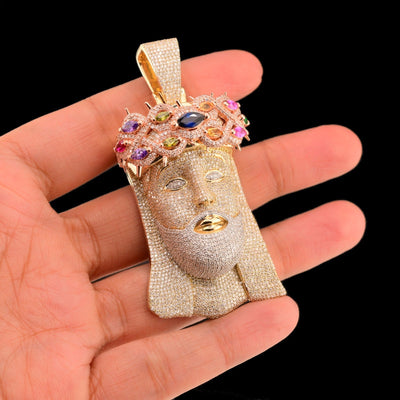 10k Yellow Gold 5.5CTW Pure Diamond Jesus Head w/ Gem Stones Pendant 33.4g Charm - Elite Jewelers - Charms & Pendants