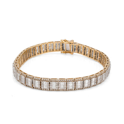 10K Yellow Gold 5.75CT Natural Diamond Baguette Centre Row Rectangular Link Tennis Chain - Elite Jewelers-Bracelets