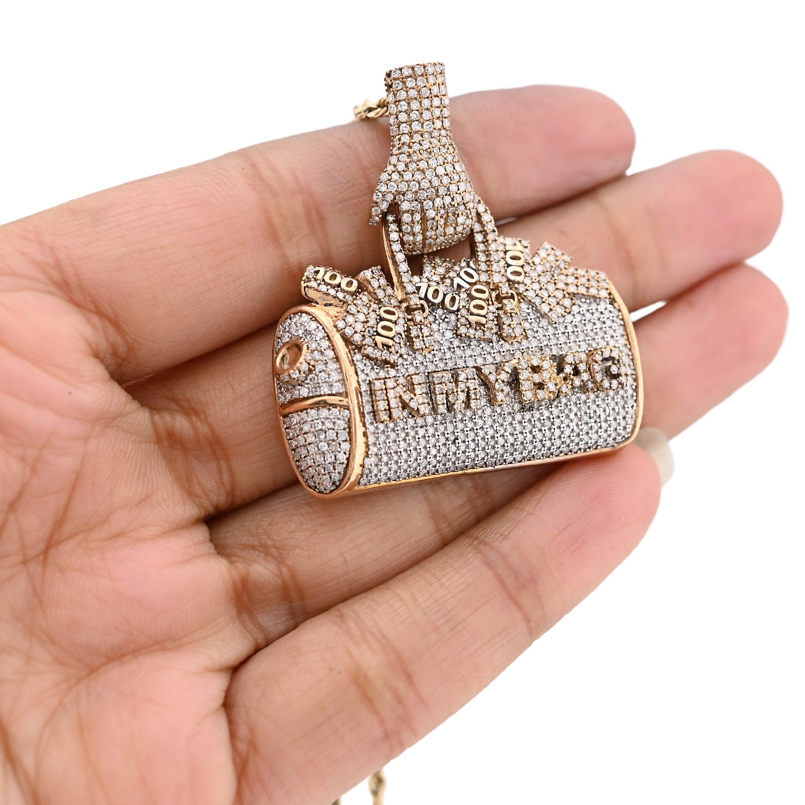 10K Yellow Gold 5CT Natural Diamond "IN MY BAG" Women Purse Hand Bail Pendant - Elite Jewelers - Charms & Pendants