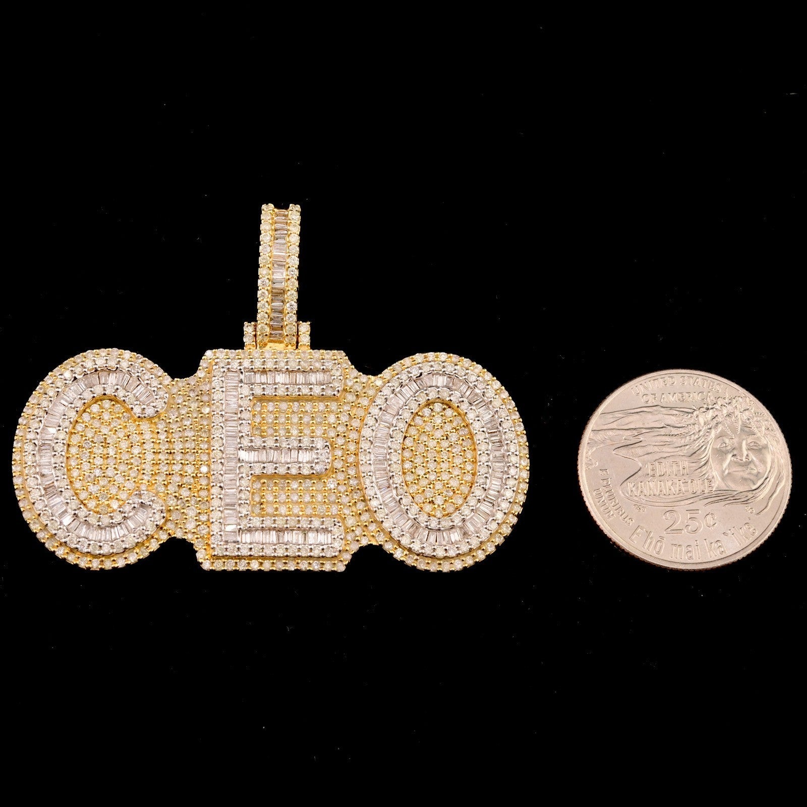 10k Yellow Gold 5CTW Natural Round/Baguette Diamond CEO Pendant 26.5g ICED Charm - Elite Jewelers - Charms & Pendants