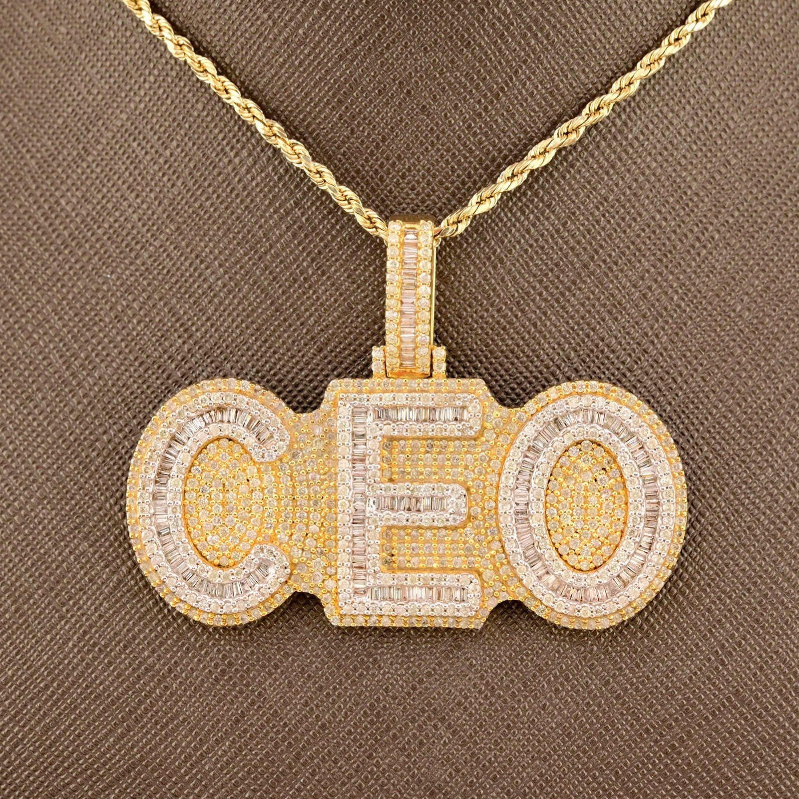 10k Yellow Gold 5CTW Natural Round/Baguette Diamond CEO Pendant 26.5g ICED Charm - Elite Jewelers - Charms & Pendants