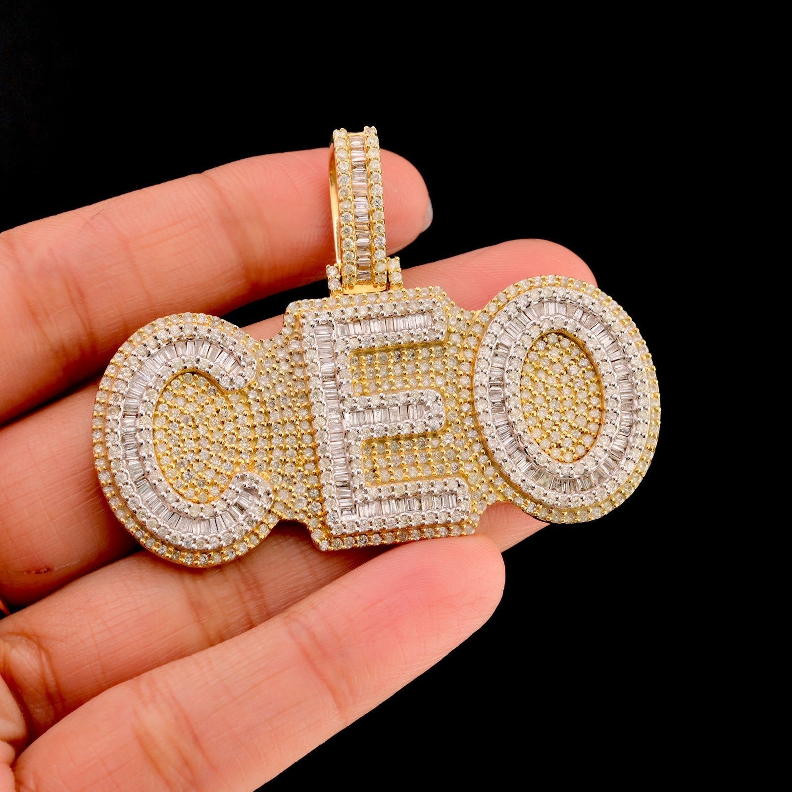10k Yellow Gold 5CTW Natural Round/Baguette Diamond CEO Pendant 26.5g ICED Charm - Elite Jewelers - Charms & Pendants