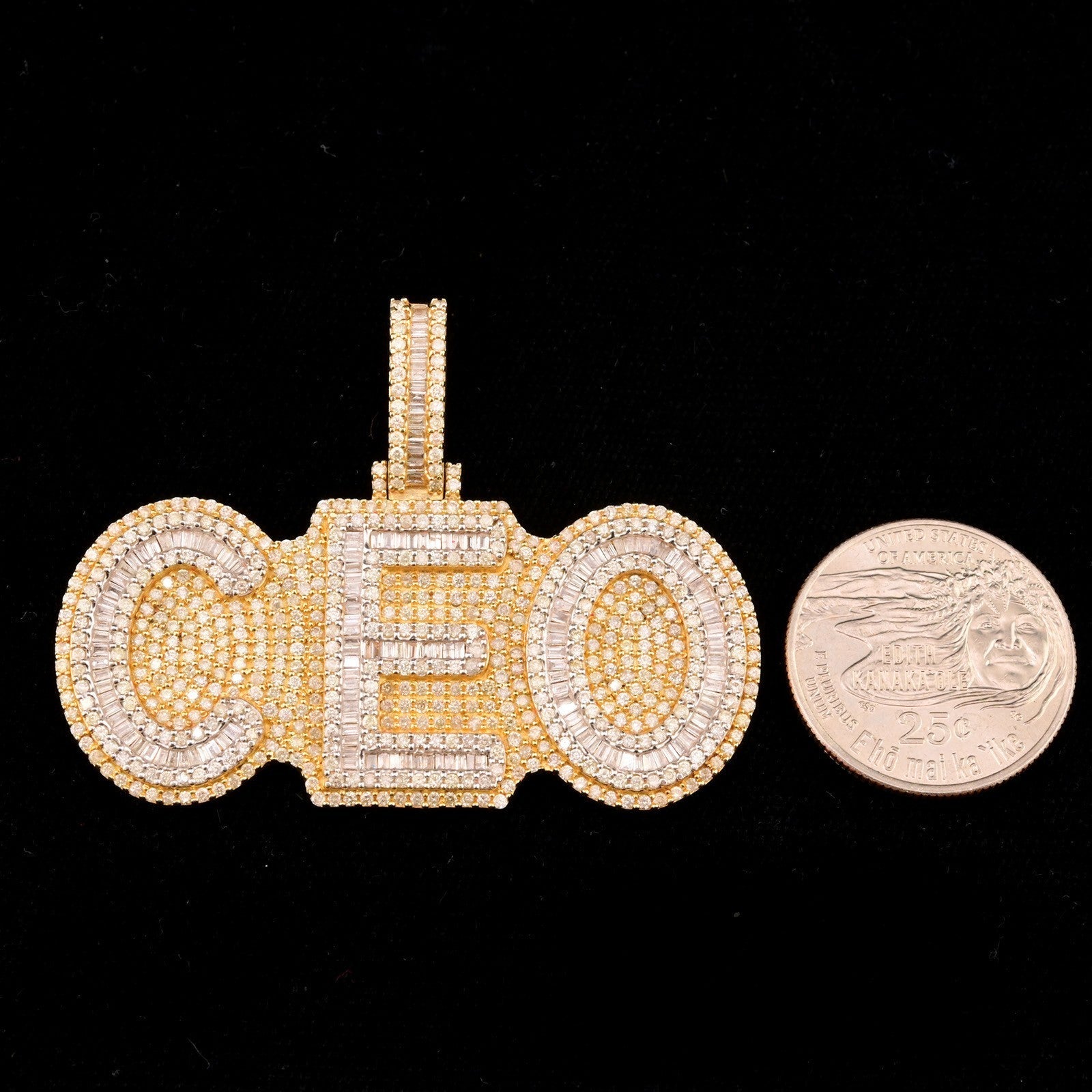 10k Yellow Gold 6.5CTW Round/Baguette Diamond "CEO" w/ Solid Back Pendant 24.1gm - Elite Jewelers - Charms & Pendants
