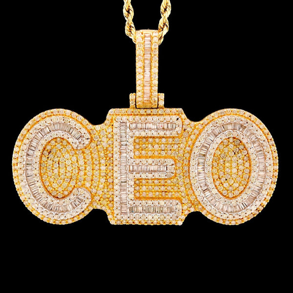 10k Yellow Gold 6.5CTW Round/Baguette Diamond "CEO" w/ Solid Back Pendant 24.1gm - Elite Jewelers - Charms & Pendants