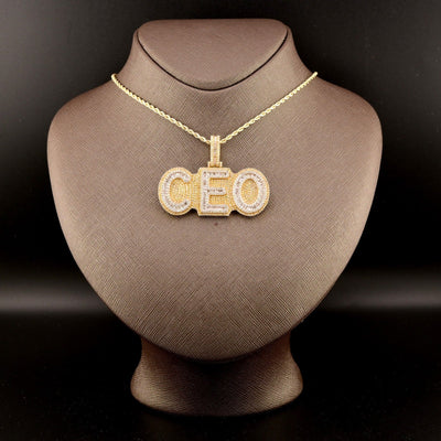 10k Yellow Gold 6.5CTW Round/Baguette Diamond "CEO" w/ Solid Back Pendant 24.1gm - Elite Jewelers - Charms & Pendants