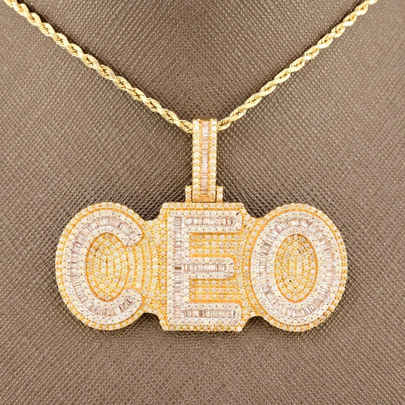 10k Yellow Gold 6.5CTW Round/Baguette Diamond "CEO" w/ Solid Back Pendant 24.1gm - Elite Jewelers - Charms & Pendants