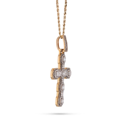 10K Yellow Gold 6.75CT Block Cross Pendant Round/Baguette Natural Diamond Charm - Elite Jewelers-Charms & Pendants