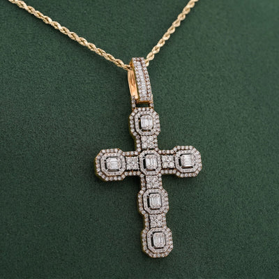 10K Yellow Gold 6.75CT Block Cross Pendant Round/Baguette Natural Diamond Charm - Elite Jewelers-Charms & Pendants
