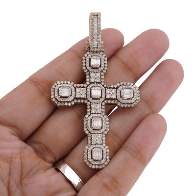 10K Yellow Gold 6.75CT Block Cross Pendant Round/Baguette Natural Diamond Charm - Elite Jewelers-Charms & Pendants