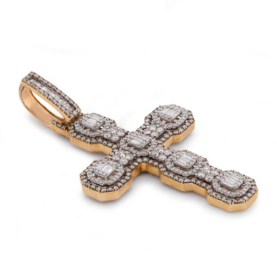 10K Yellow Gold 6.75CT Block Cross Pendant Round/Baguette Natural Diamond Charm - Elite Jewelers-Charms & Pendants