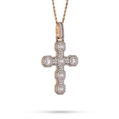 10K Yellow Gold 6.75CT Block Cross Pendant Round/Baguette Natural Diamond Charm - Elite Jewelers-Charms & Pendants