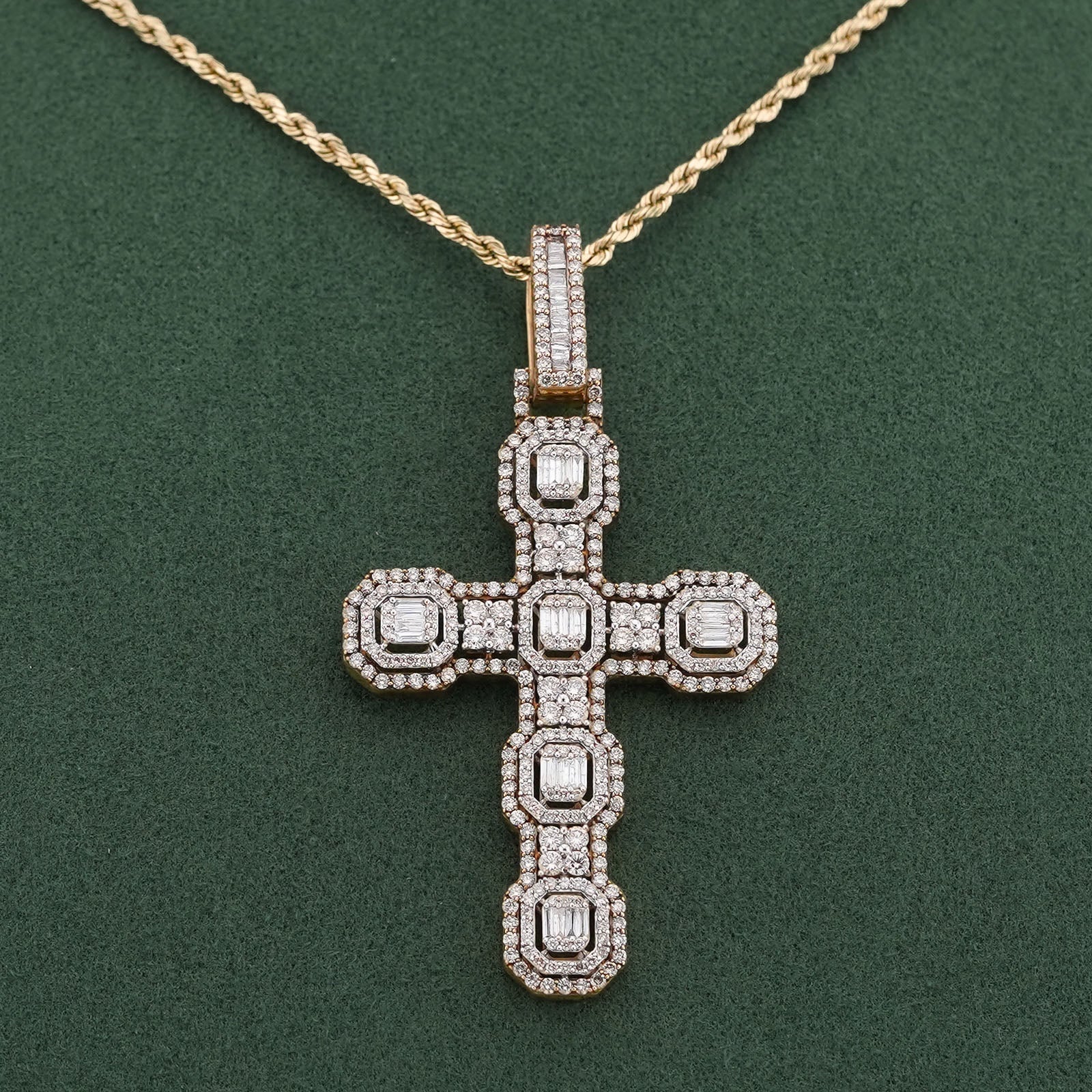 10K Yellow Gold 6.75CT Block Cross Pendant Round/Baguette Natural Diamond Charm - Elite Jewelers-Charms & Pendants