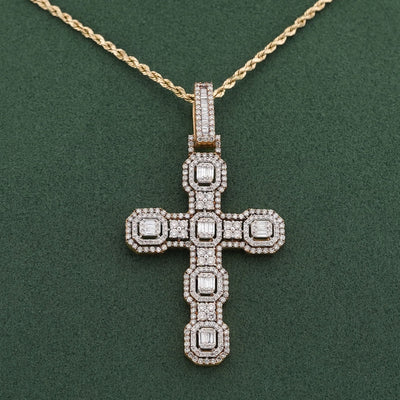 10K Yellow Gold 6.75CT Block Cross Pendant Round/Baguette Natural Diamond Charm - Elite Jewelers-Charms & Pendants