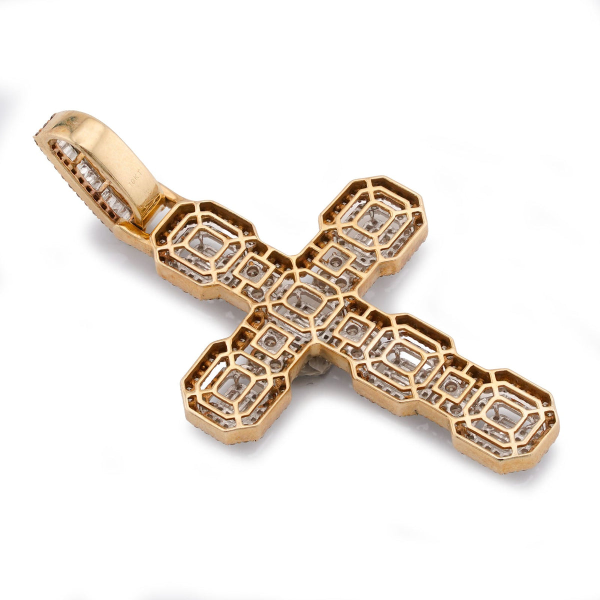 10K Yellow Gold 6.75CT Block Cross Pendant Round/Baguette Natural Diamond Charm - Elite Jewelers-Charms & Pendants