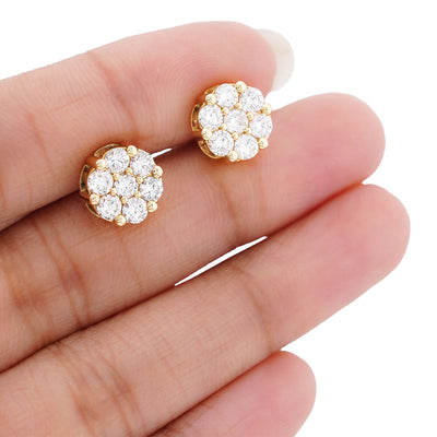 10K Yellow Gold 7 Diamond Flower Cluster 1.65CT Lab Diamond Men Women Earrings - Elite Jewelers-Earrings