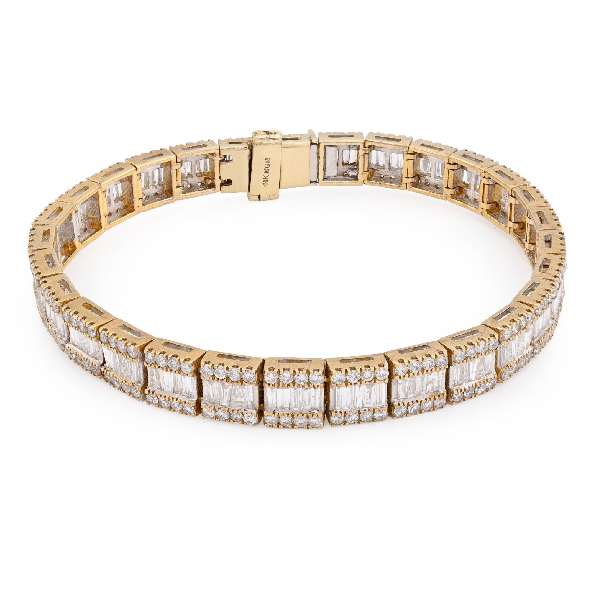 10K Yellow Gold 7.50CT Natural Diamond Round/Baguette Rectangular Link Bracelet 7.8MM 8" Men Women 30.2g - Elite Jewelers - Bracelets
