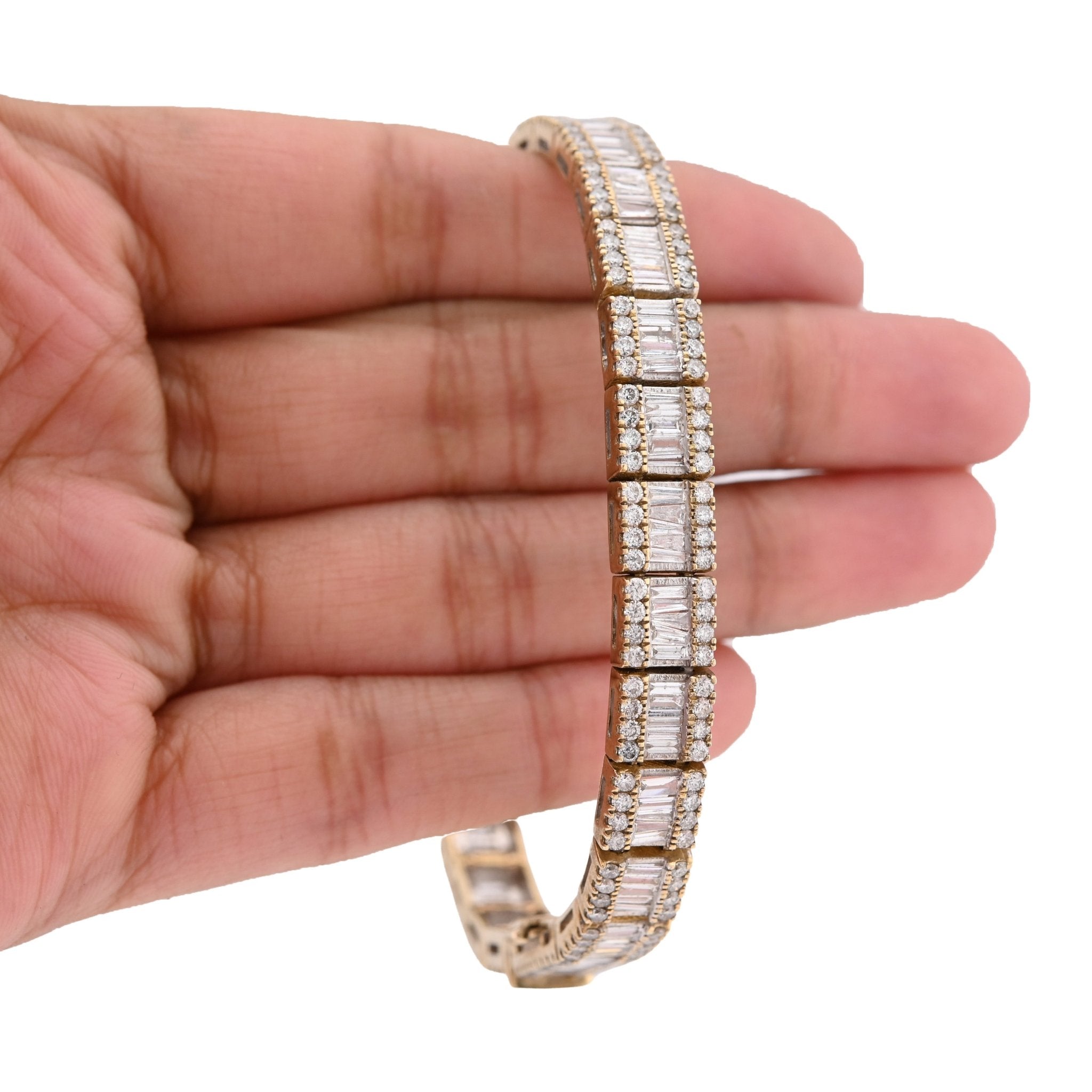 10K Yellow Gold 7.50CT Natural Diamond Round/Baguette Rectangular Link Bracelet 7.8MM 8" Men Women 30.2g - Elite Jewelers - Bracelets