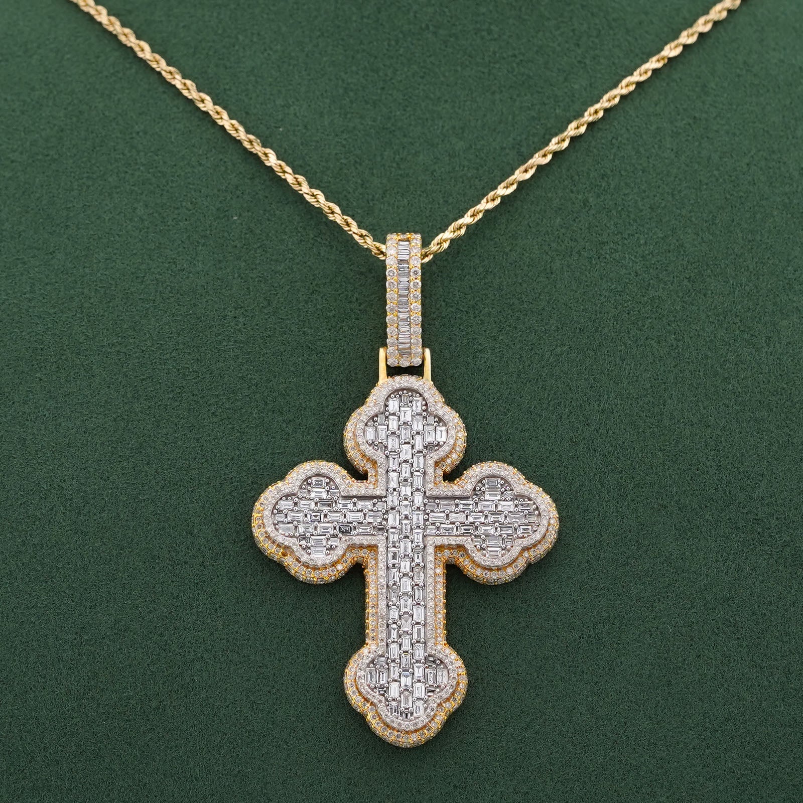 10K Yellow Gold 8.95CT Emerald Natural Diamond Budded Cross Pendant Men Charm - Elite Jewelers-Charms & Pendants