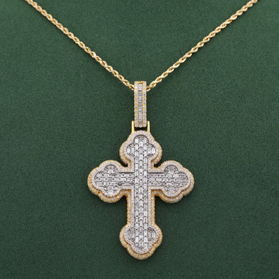 10K Yellow Gold 8.95CT Emerald Natural Diamond Budded Cross Pendant Men Charm - Elite Jewelers-Charms & Pendants