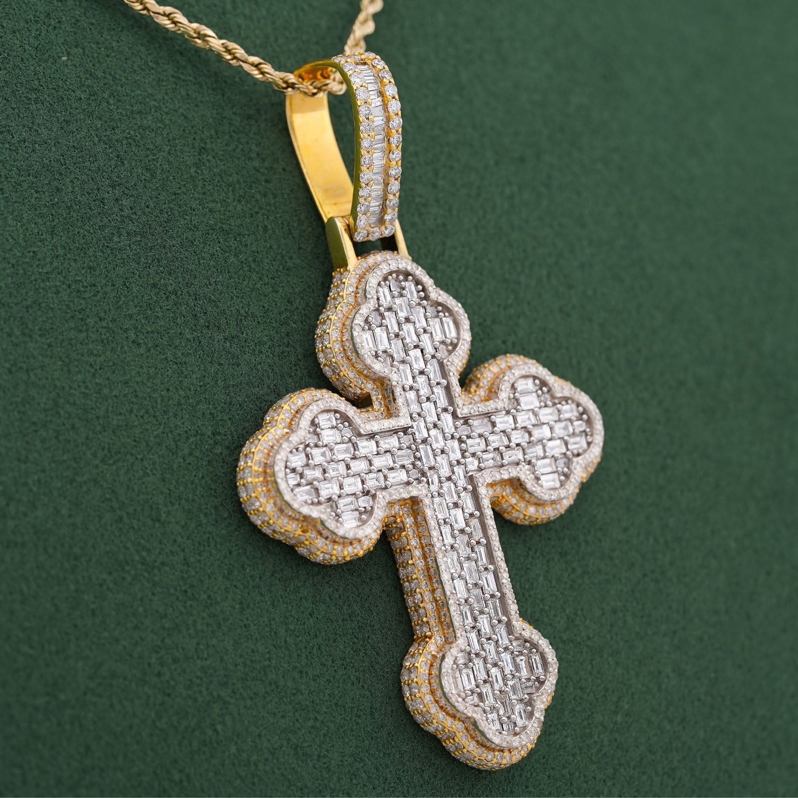 10K Yellow Gold 8.95CT Emerald Natural Diamond Budded Cross Pendant Men Charm - Elite Jewelers-Charms & Pendants