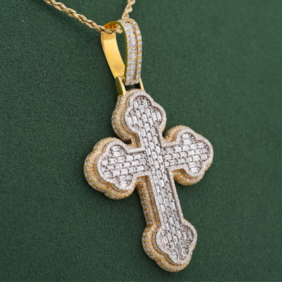 10K Yellow Gold 8.95CT Emerald Natural Diamond Budded Cross Pendant Men Charm - Elite Jewelers-Charms & Pendants