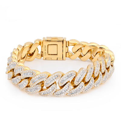 10K Yellow Gold 9.45CT Natural Diamond Round/Baguette 14.8MM Cuban Link 8" Men Bracelet 85.4g - Elite Jewelers - Bracelets