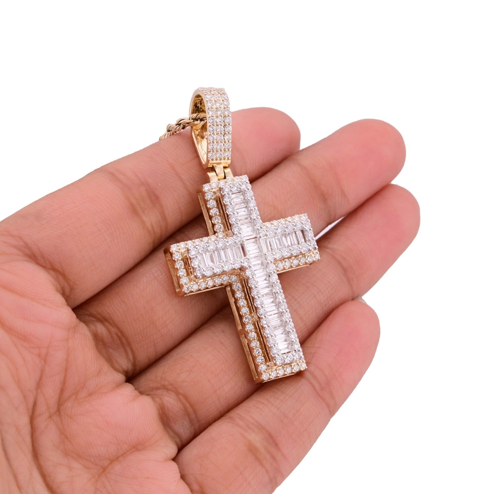 10k Yellow Gold 9.6g 2.8CTW Lab Grown Round/Baguette Diamond Cross Pendant Charm - Elite Jewelers - Charms & Pendants