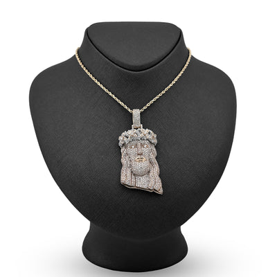 10K Yellow Gold 9.75CT Round Natural Diamond Crowned Jesus Head Religious Charm Men Pendant 2.85" - Elite Jewelers - Charms & Pendants
