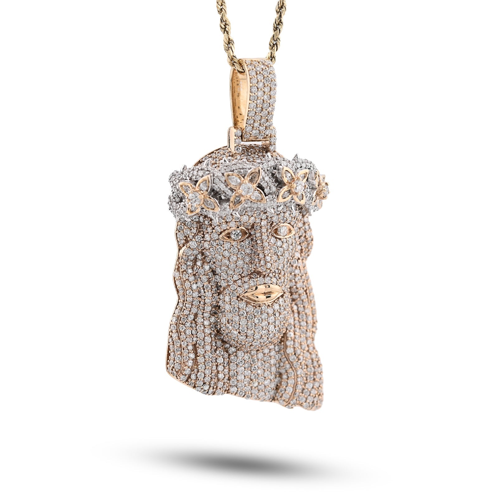 10K Yellow Gold 9.75CT Round Natural Diamond Crowned Jesus Head Religious Charm Men Pendant 2.85" - Elite Jewelers - Charms & Pendants
