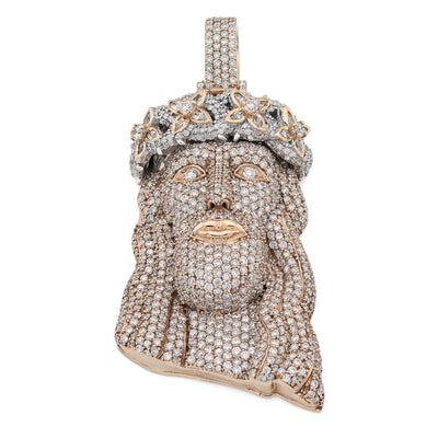 10K Yellow Gold 9.75CT Round Natural Diamond Crowned Jesus Head Religious Charm Men Pendant 2.85" - Elite Jewelers - Charms & Pendants