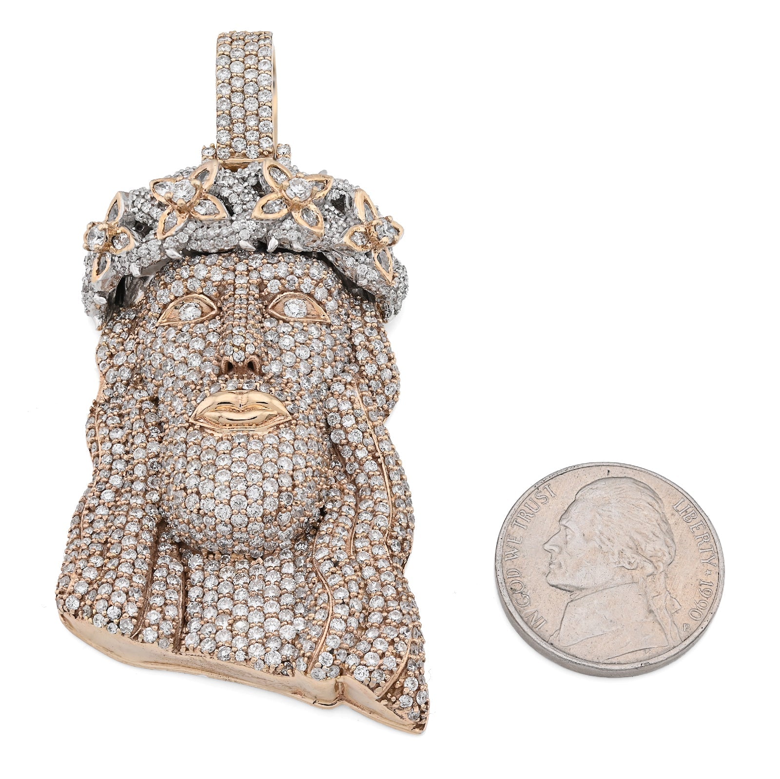 10K Yellow Gold 9.75CT Round Natural Diamond Crowned Jesus Head Religious Charm Men Pendant 2.85" - Elite Jewelers - Charms & Pendants