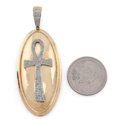 10K Yellow Gold Ankh Cross Oval Shape Rligious Pendant 0.65CT Natural Diamond Charm - Elite Jewelers - Charms & Pendants