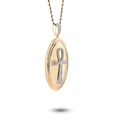 10K Yellow Gold Ankh Cross Oval Shape Rligious Pendant 0.65CT Natural Diamond Charm - Elite Jewelers - Charms & Pendants