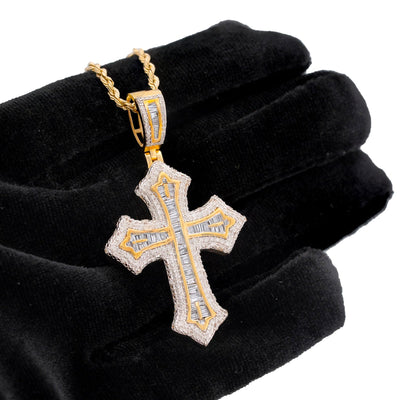 10K yellow Gold Baguette Centre Natural Diamond 1.5CT Cross Pendant Men Women Pendant - Elite Jewelers-Charms & Pendants