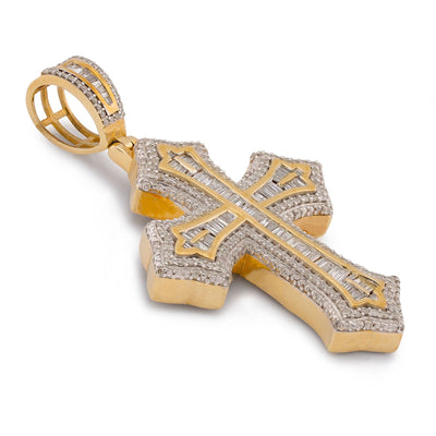 10K yellow Gold Baguette Centre Natural Diamond 1.5CT Cross Pendant Men Women Pendant - Elite Jewelers-Charms & Pendants
