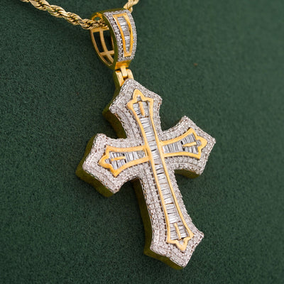 10K yellow Gold Baguette Centre Natural Diamond 1.5CT Cross Pendant Men Women Pendant - Elite Jewelers-Charms & Pendants