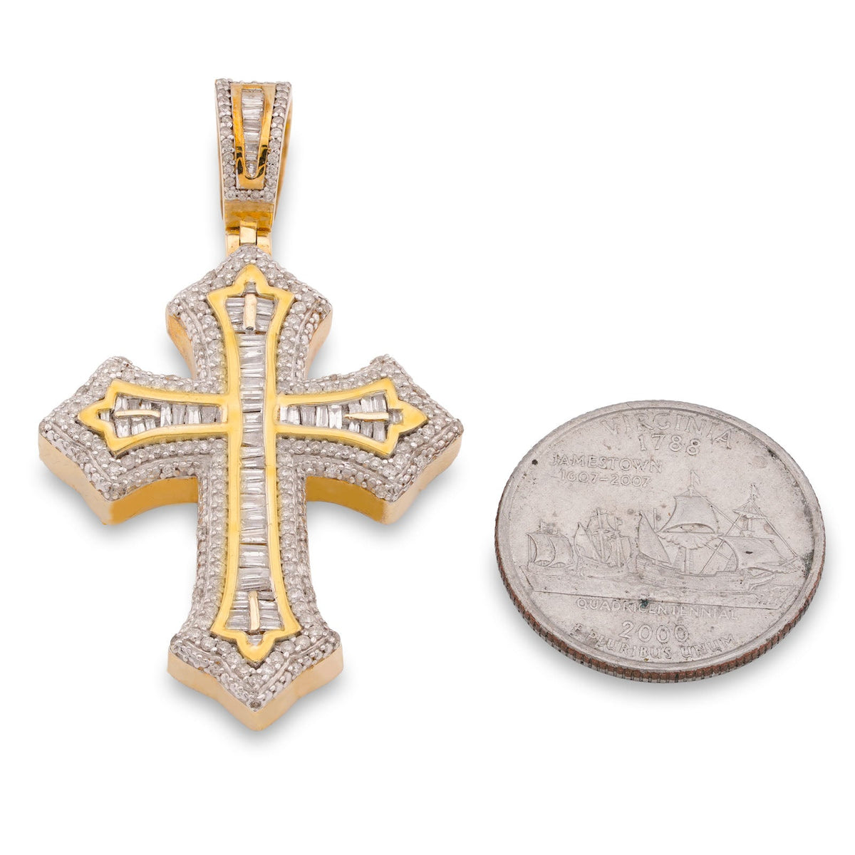 10K yellow Gold Baguette Centre Natural Diamond 1.5CT Cross Pendant Men Women Pendant - Elite Jewelers-Charms & Pendants
